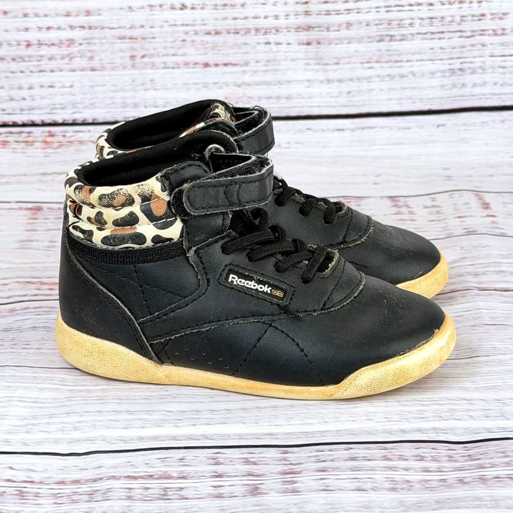 VTG Reebok Freestyle Hi Toddler Kids Black Leopard High Top‎ Sneakers Size 7